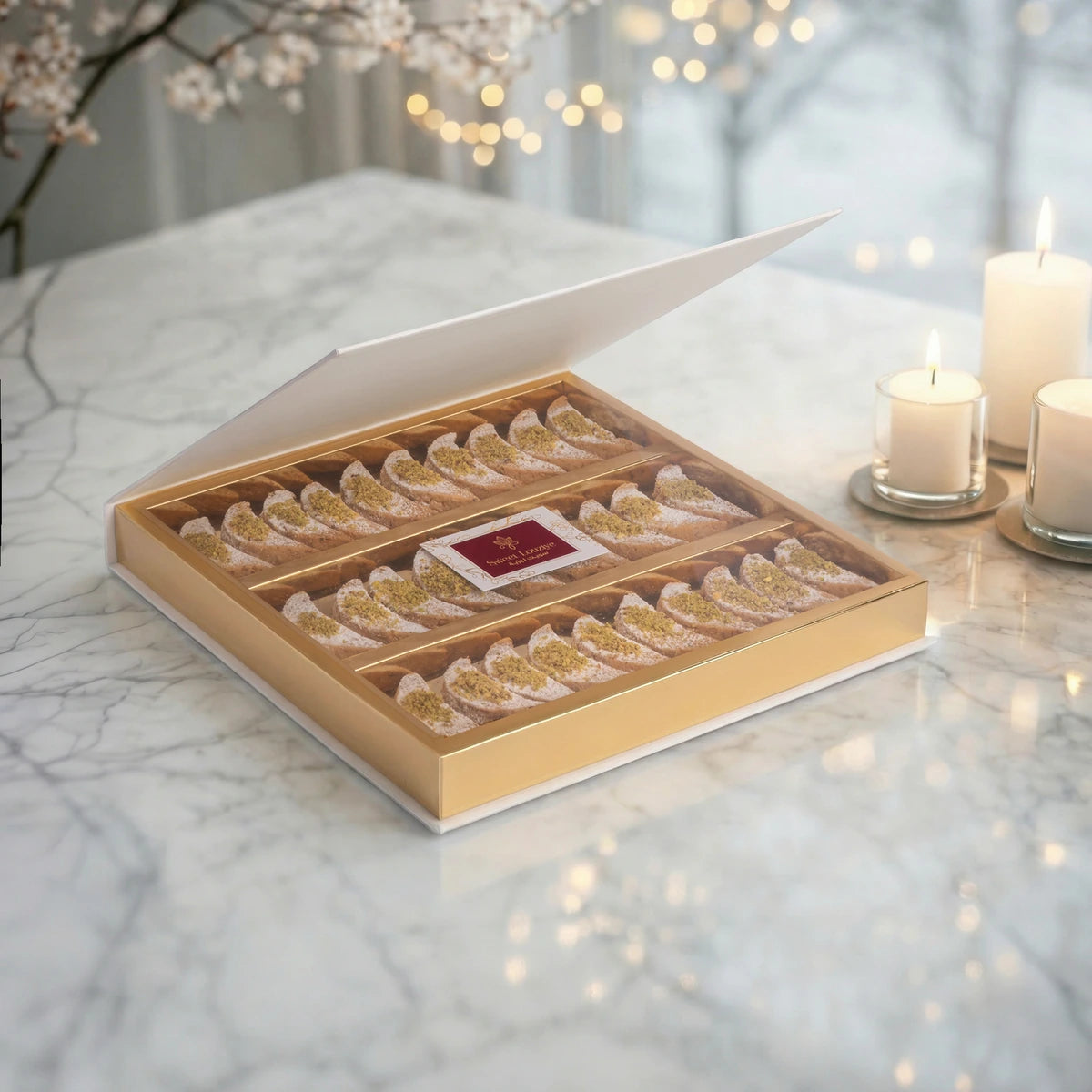 Sweet Louziye Lebanese almond biscuits presented on an elegant tray